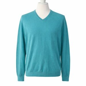 Massimo Dutti Cotton Silk Teal V-Neck Sweater Men’s Medium M Lightweight Luxury